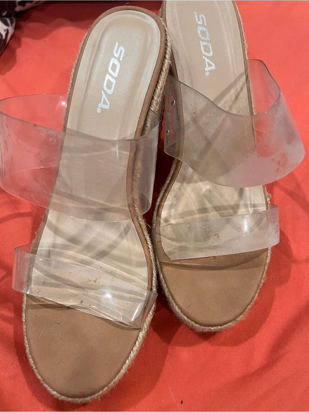 Soda Clear Double-Strap Tan Espadrille Wedge Sandals